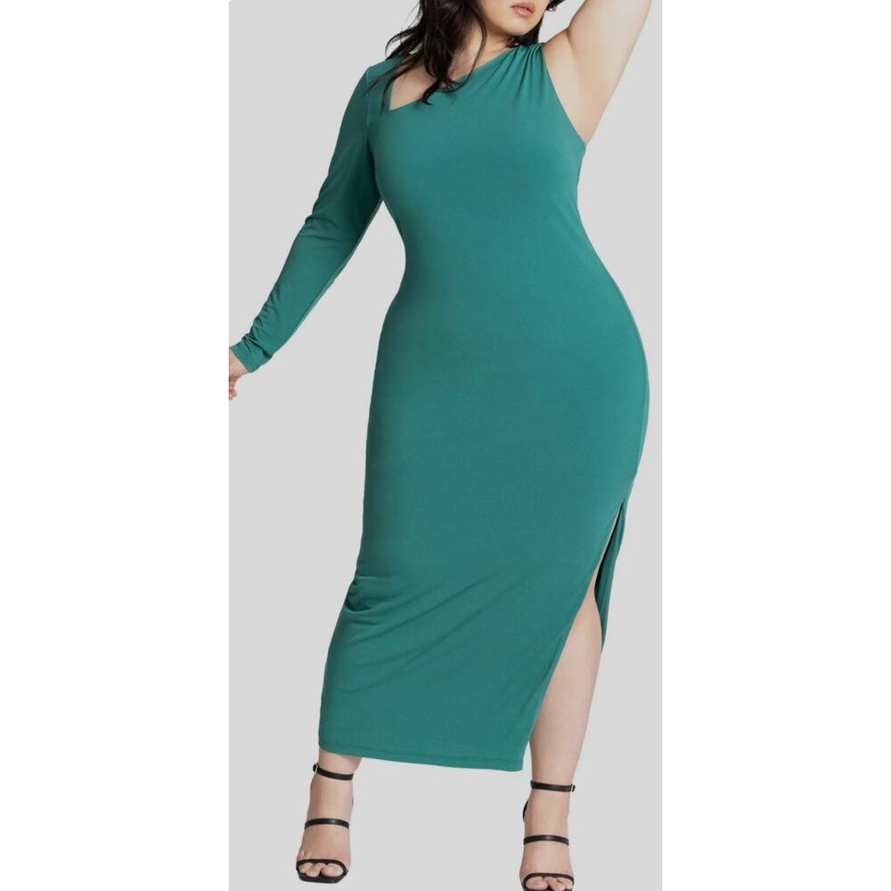 ELOQUII Women's Plus Size One Shoulder Green Maxi Dress size 14